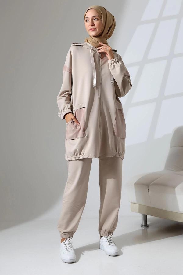 Kadın Taş Rengi Mevsimlik Penye Alt Üst Spor Ve Rahat Ikili Tunik Pantolon Şık Tesettür Takım - Image 1