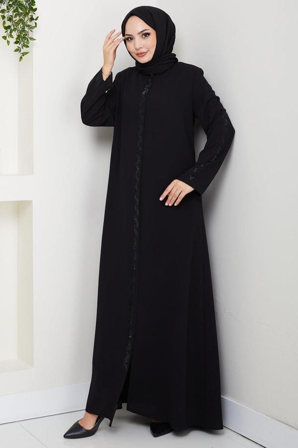 Zikzak Taşlı Ferace Siyah HM2848 - Image 1