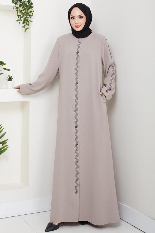 Zikzak Taşlı Ferace Bej HM2848 - Image 1