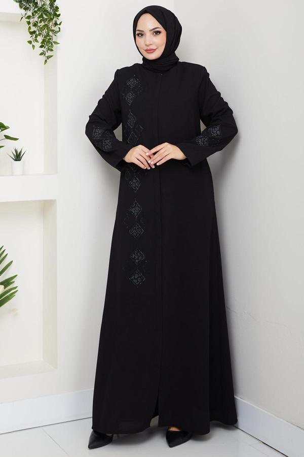 Deri İşlemeli Ferace Siyah HM2849 - Image 1