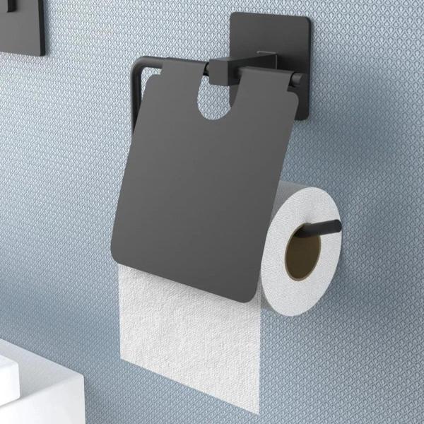 OLLEVRA Kendiliğinden Yapışkanlı Siyah Paslanmaz Metal Kapaklı Tuvalet Kağıtlığı Aparatı - Image 1