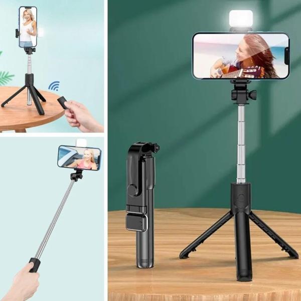 OLLEVRA Kendiliğinden Işıklı Masaüstü Tripod Olabilen Telefon Tutuculu Kablosuz Kumandalı Selfie Çubuğu - Image 1