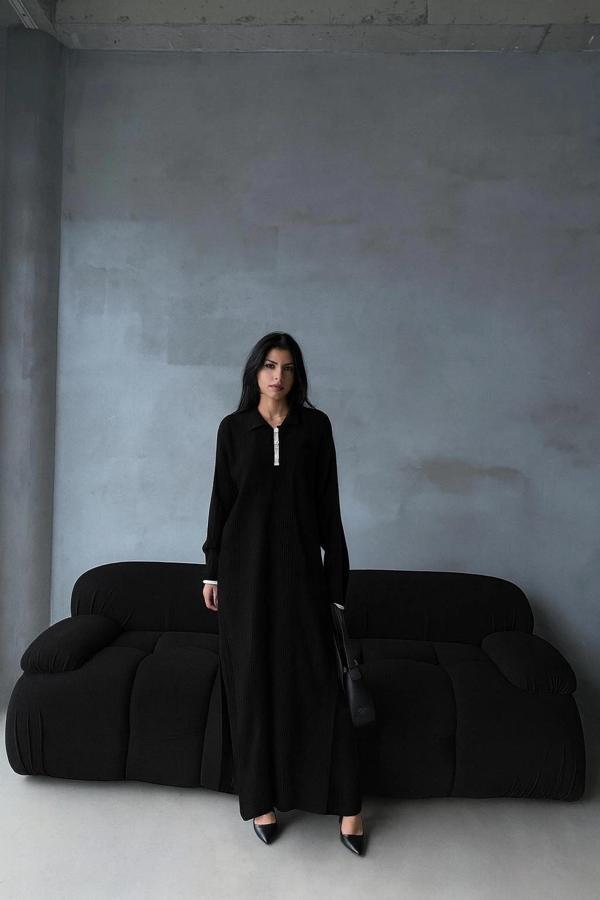 Pantolon yırtmaçlı elbise ikili triko takım siyah elf - Image 1