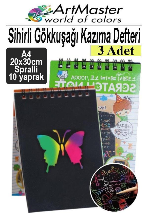 Gökkuşağı Kazıma Defteri Sihirli A4 20x30 cm 3 Paket 10 Sayfa Spiralli Scratch Note Spralli Siyah Sihirli Resim Defteri - Image 1