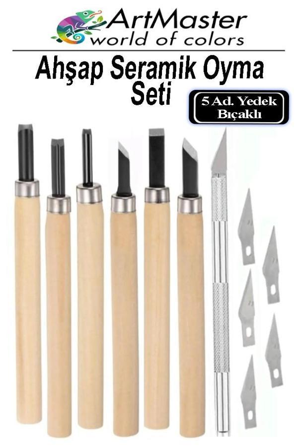 Seramik Oyma Seti Ahşap 6 lı Kretuar 1 Paket Paslanmaz Çelik Bıçaklı İskarpela Seti Hobi Heykel Ağaç Oyma Kretuar Gravür - Image 1