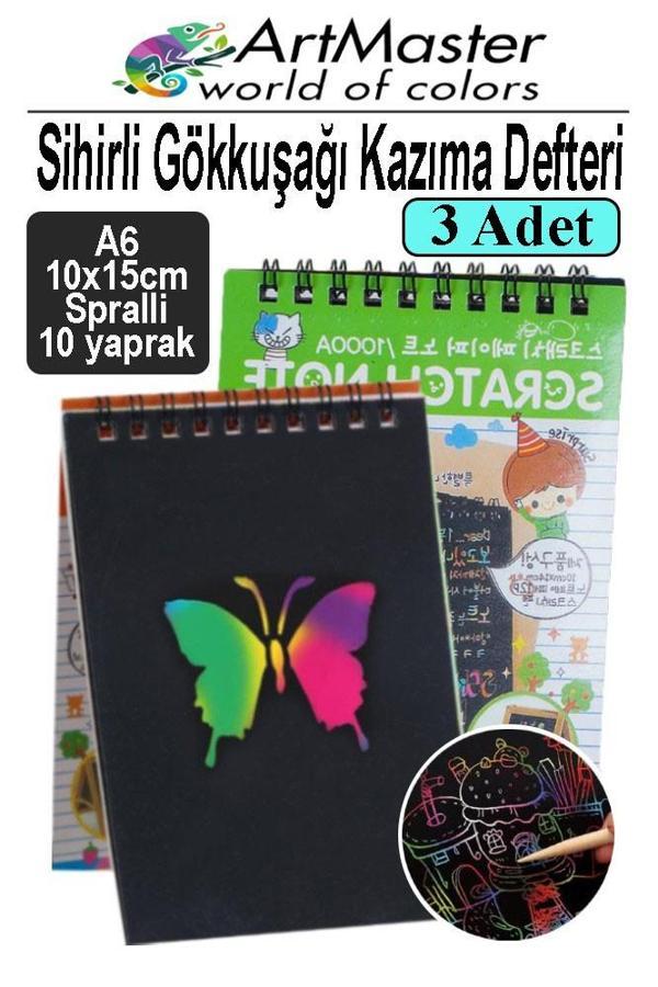 Gökkuşağı Kazıma Defteri Sihirli A6 10x15 cm 3 Paket 10 Sayfa Spiralli Scratch Note Spralli Siyah Sihirli Resim Defteri - Image 1