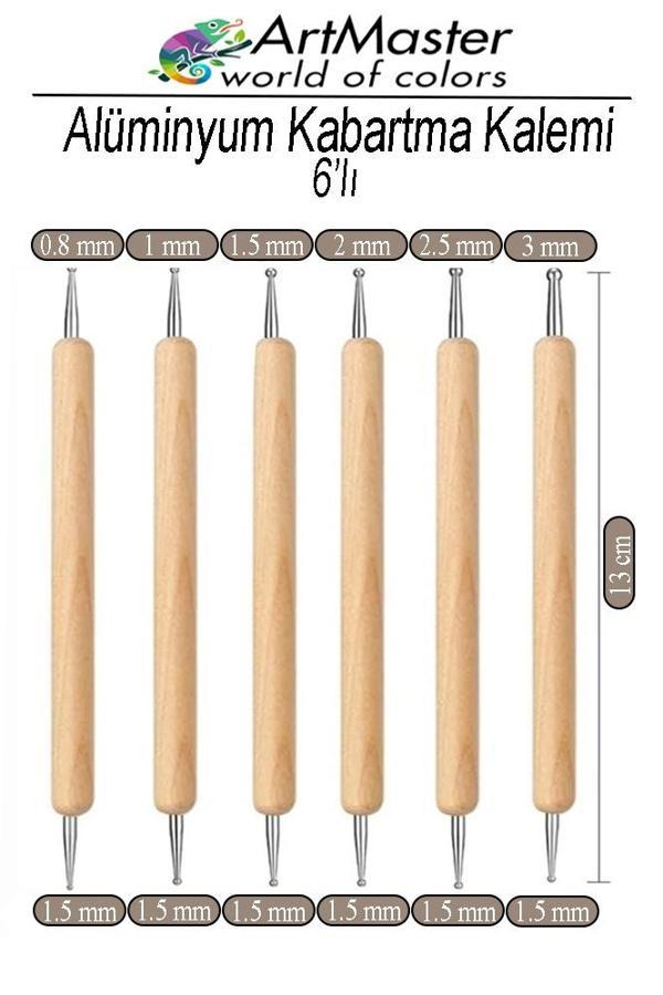 Alüminyum Kabartma Kalemi Ahşap 6 Lı Set 1 Paket Aliminyum Folyo Kabartma Gravür Noktalama Kalemi Çift Uçlu İzleme  - Image 1