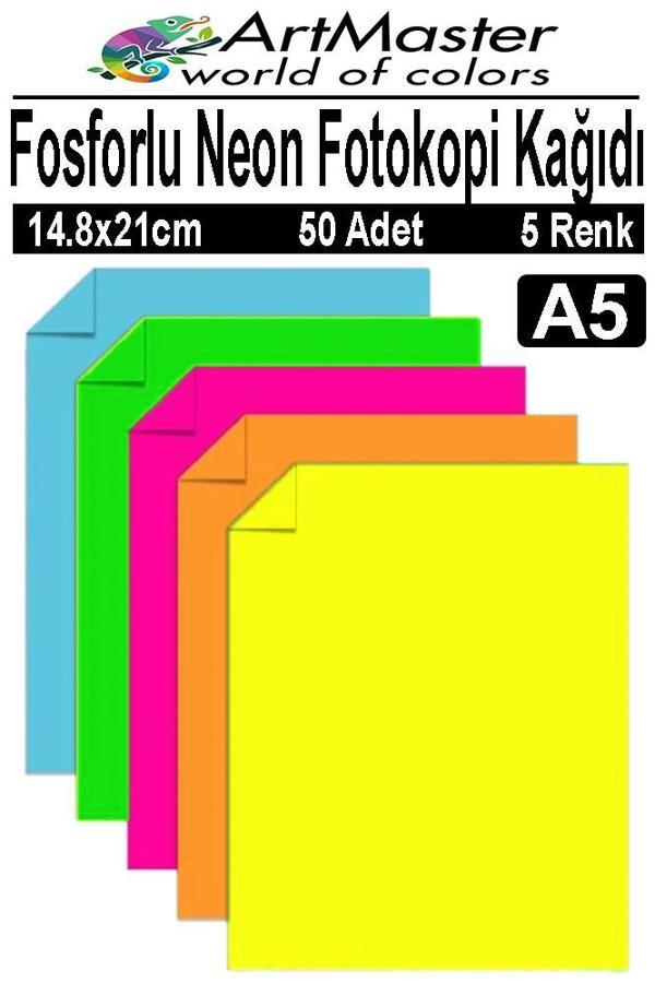 Fosforlu Neon Renkli A5 Fotokopi Kağıdı 50 Adet 1 Paket 14.8x21 cm Fosforlu 5 Renk Parlak Canlı Renkler Neon Fotokopi - Image 1
