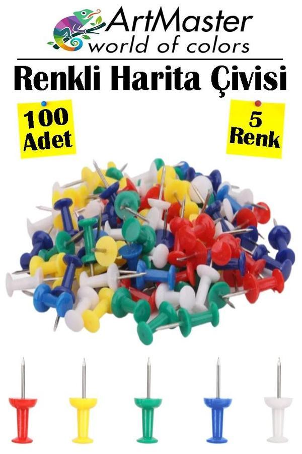 Renkli Harita Çivisi 100 Lü 1 Paket Mantar Pano Raptiyesi Renkli Pano İğnesi Okul Büro Renkli Harita Çivisi Ofis - Image 1