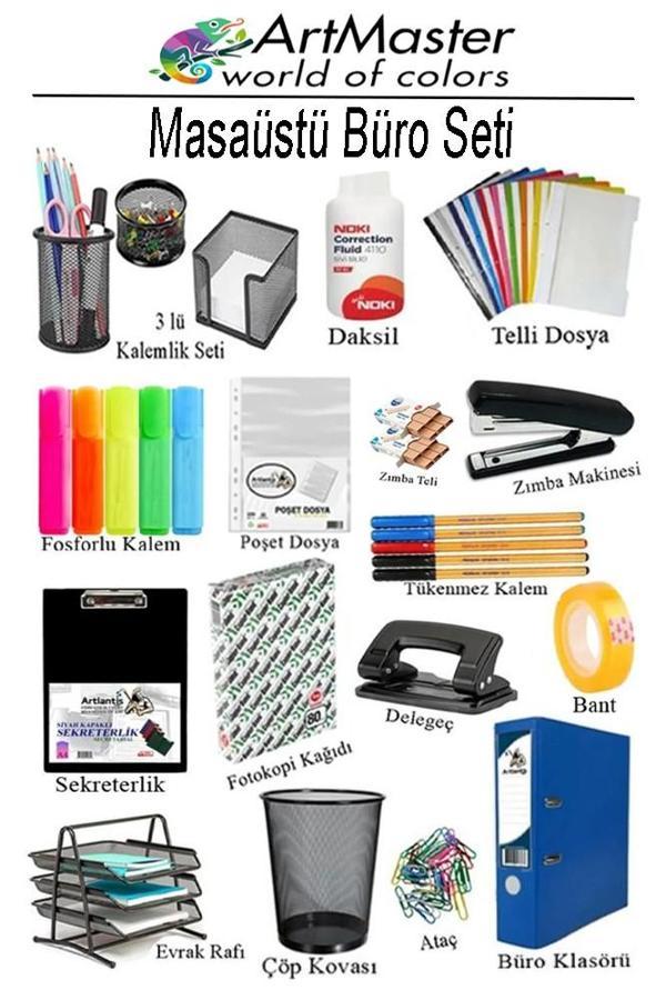 Masaüstü Büro Seti Metal Siyah 16 Parça Kalemlik Evrak Rafı 3 Lü Delgeç Zımba Makinesi Notluk Çöp Kovası Ataç  - Image 1