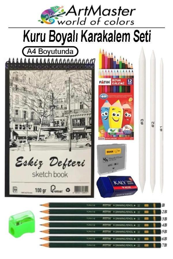 A4 Eskiz Defteri 50 Yaprak Spiralli Kuruboyalı Fatih Dereceli Kalem Karakalem Seti Hamur Silgi Gölgelendirme Kalemi  - Image 1