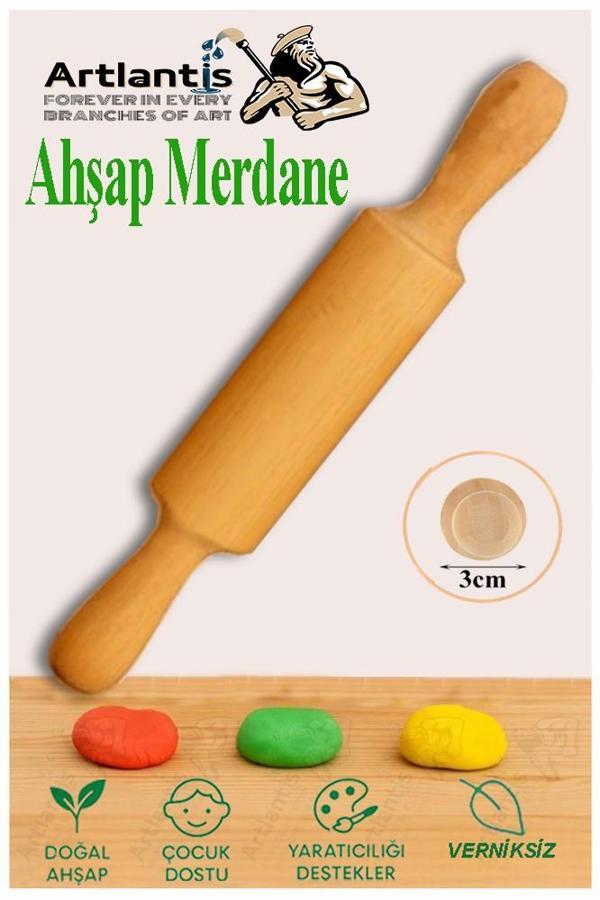 Ahşap Merdane 17 cm 1 Adet Okul Öncesi Oyun Hamuru Şekillendirici ve Gıda İçin Uygun Naturel Merdane Seti - Image 1