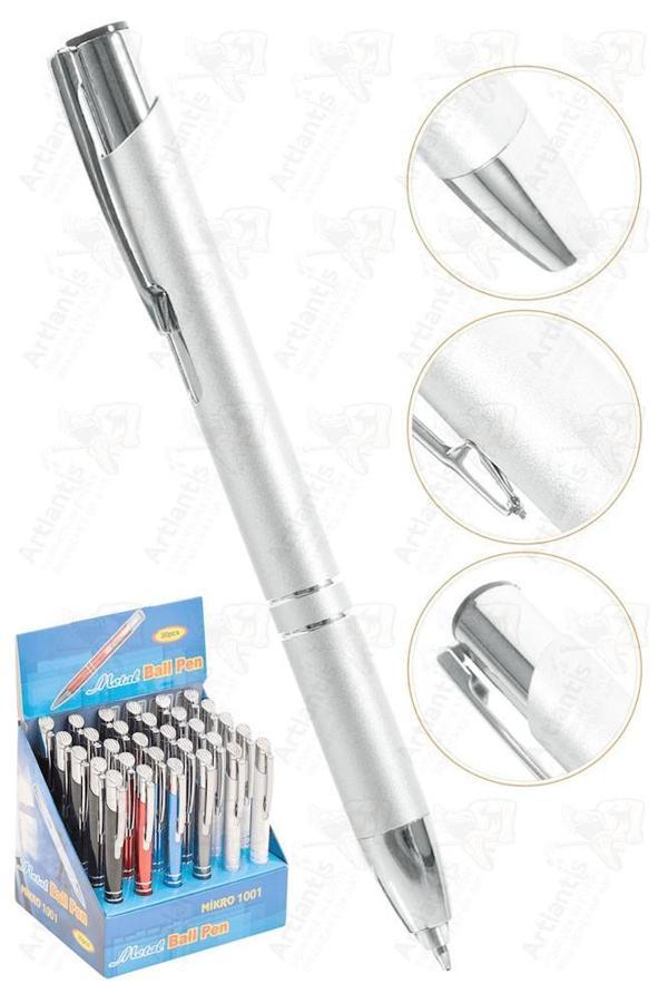 Gri Kısa Boylu Metal Tükenmez Kalem 1 Adet Yedek Uçlu Mavi Renkli Cep Kalemi Tükenmez Basmalı Mikro 1001 Mekanizmalı - Image 1