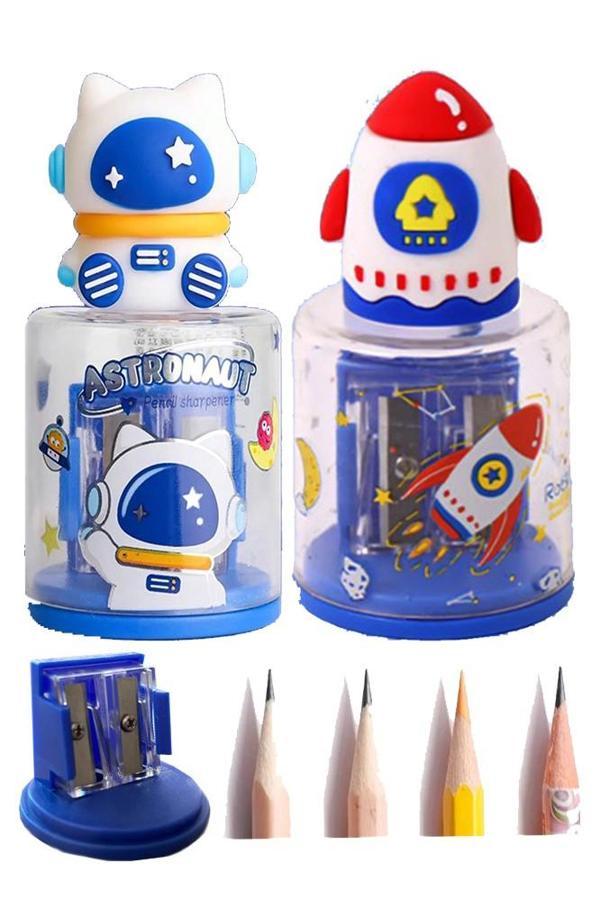 Uzay Astronot ve Uzay Mekiği Roket 2 li Kalem Traş 2 Adet Hazneli Kalemtraş Kalem Açaçağı Fiğürlü Jumbo ve Standart Uç - Image 1