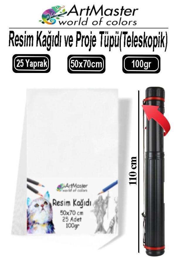 Proje Tüpü Dar 1 Adet 50x70 cm Resim Kağıdı 25 Adet Bazuka Proje Tüpü Silindir ve Resim Kağıdı Seti - Image 1