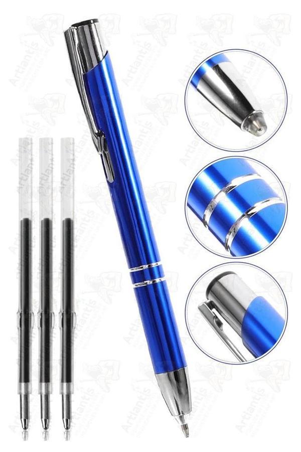 Mavi Kısa Boylu Metal Tükenmez Kalem 1 Adet Yedek Uçlu Mavi Renkli Cep Kalemi Tükenmez Basmalı Mikro 1001 Mekanizmalı - Image 1