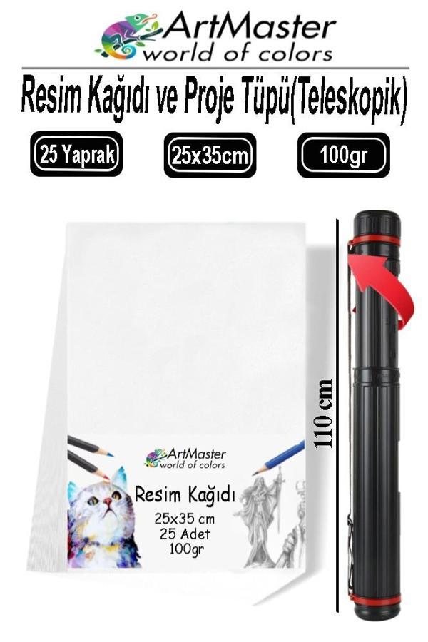 Proje Tüpü Dar 1 Adet 25x35 cm Resim Kağıdı 25 Adet Bazuka Proje Tüpü Silindir ve Resim Kağıdı Seti - Image 1