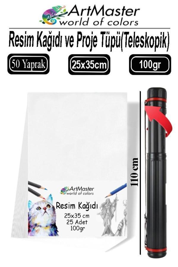 Proje Tüpü Dar 1 Adet 25x35 cm Resim Kağıdı 50 Adet Bazuka Proje Tüpü Silindir ve Resim Kağıdı Seti Çizim Seti - Image 1