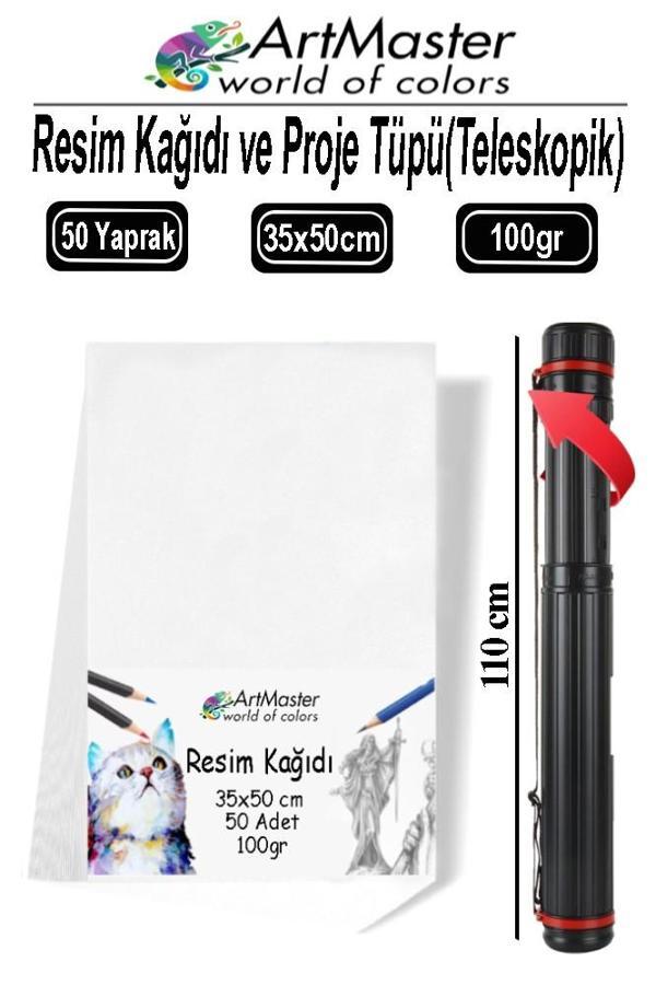Proje Tüpü Dar 1 Adet 35x50 cm Resim Kağıdı 50 Adet Bazuka Proje Tüpü Silindir ve Resim Kağıdı Seti Çizim Seti - Image 1