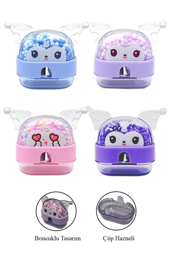 Kuromi Kalemtraş 4 Adet Boncuklu Hazneli Tek Bıçaklı Kalem Açacağı Sevimli Plastik Kalem Traş Çöp Hazneli - Image 1