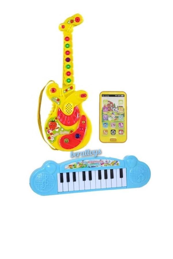 Berat Toys Pilli Müzikli Gitar(35Cm)&Işıklı Müzikli Telefon(15Cm)Mini Piyano 30 Cm - Image 1