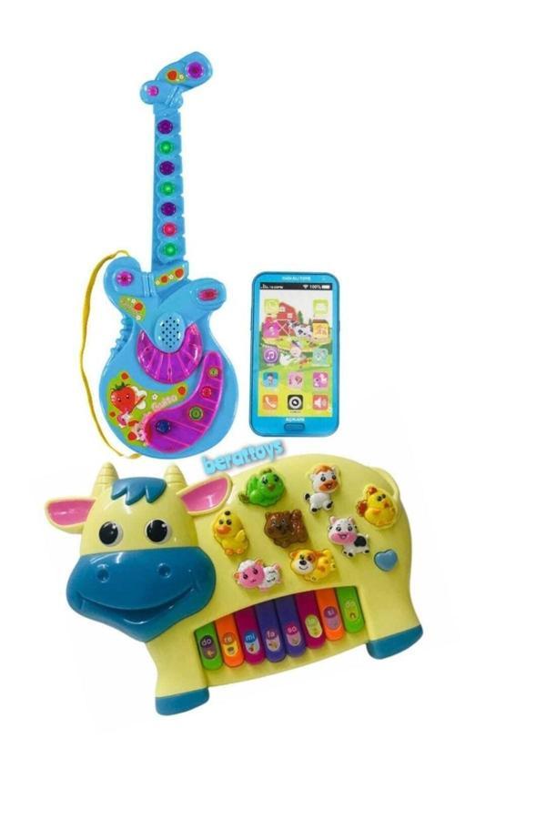 Berat Toys 3 Ürün Birarada Türkçe Müzikli Gitar&Dokunmatik Telefon&Hayvan Sesli Işıklı Eğitici Piyano - Image 1
