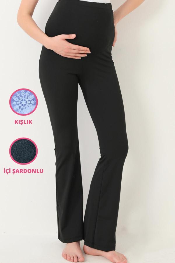 Siyah Şardonlu Beli Ayarlanabilir Yüksek Bel Hamile İspanyol Paça Kadın Tayt - Image 1