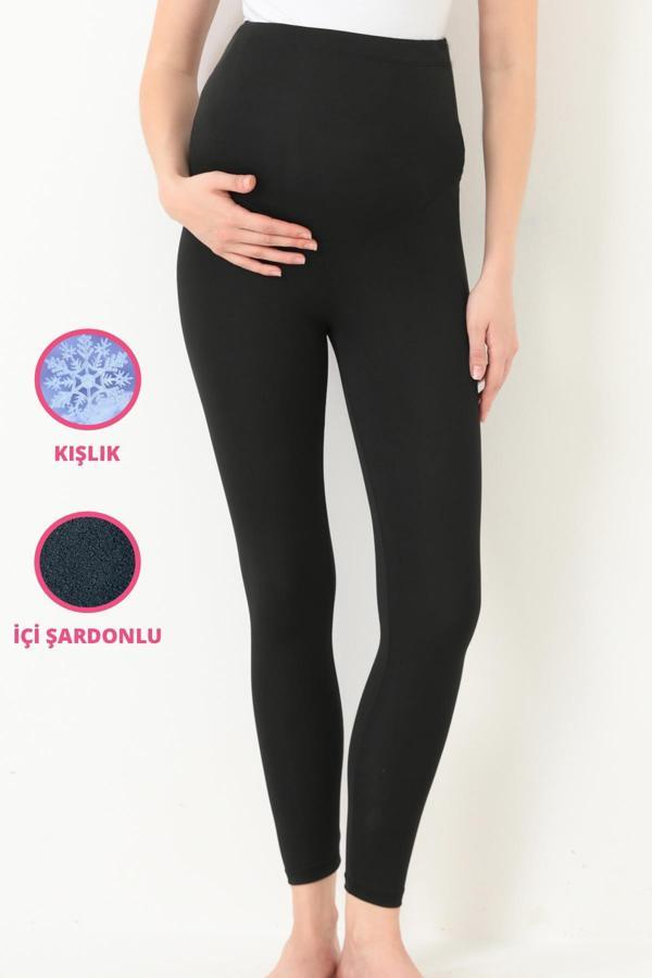 Siyah Şardonlu Beli Ayarlanabilir Yüksek Bel Hamile Tayt - Image 1