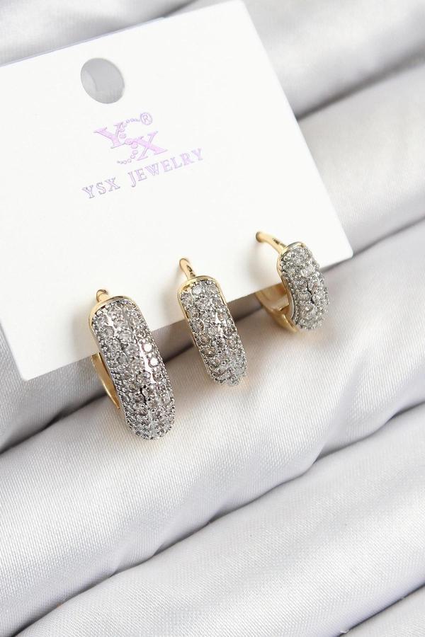 BFS Pirinç Zirkon Taşlı 3'lü Halka Model Gold Ve Gümüş Renk Kadın Küpe - Image 1