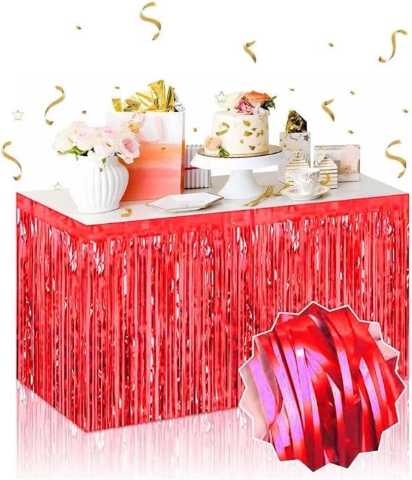 BFS  Kendinden Yapışkanlı Kırmızı Metalize Püsküllü Masa Eteği – 75 x 275 cm Parti Süslemesi - Image 1