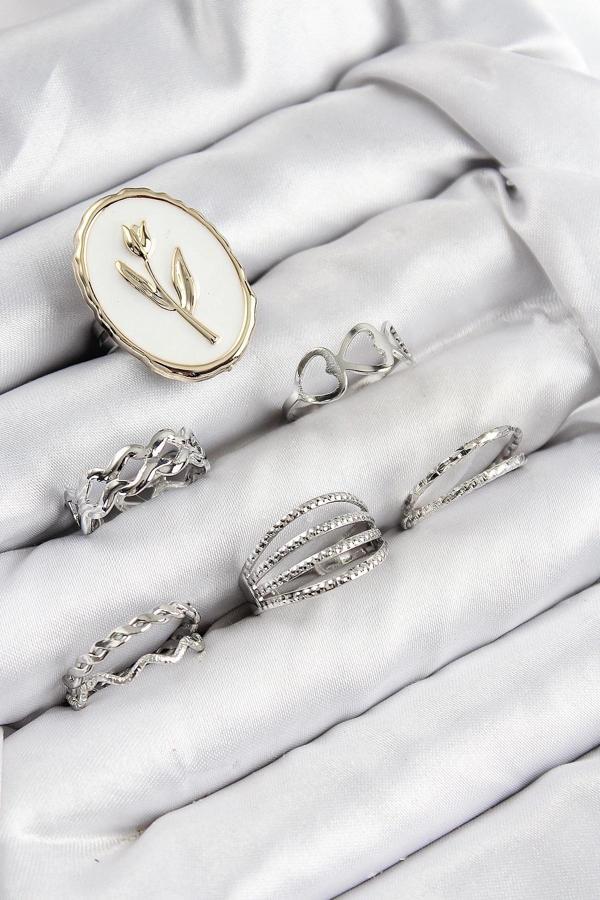 BFS Pirinç Zirkon Taşlı Lale Model Gümüş Renk Kadın Yüzük Kombin Set - Image 1