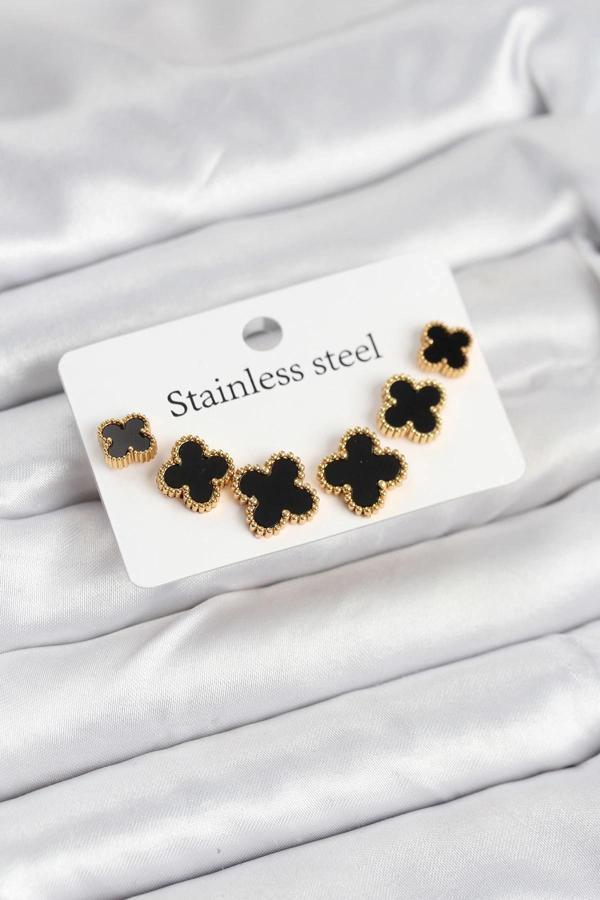 BFS 316L Çelik Gold Siyah Renk 3 Boy Yonca Küpe Seti - Image 1