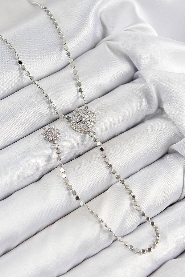 BFS Pirinç Zirkon Taşlı Ezme Zincirli Madalyon Model Gümüş Renk Y Kolye - Image 1