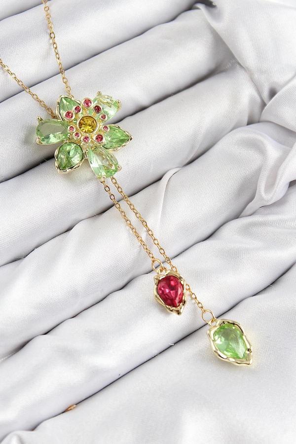 BFS VIP Pirinç Zirkon Taşlı Çiçek Model Gold Renk Asansörlü Kadın Kolye - Image 1