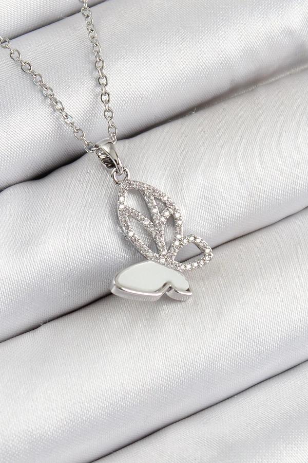 BFS 316L Çelik Zirkon Taşlı Kelebek Model Gümüş Renk Kadın Kolye - Image 1