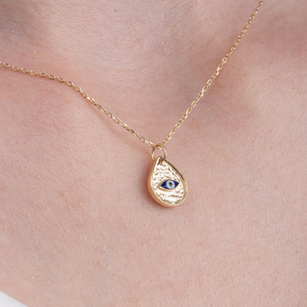 Altın Kolye - Damla Mekik Gözlü Çift Renk Mineli 14 Ayar Altın Kolye - İki Farklı Renkte Altın Kolye - Image 1