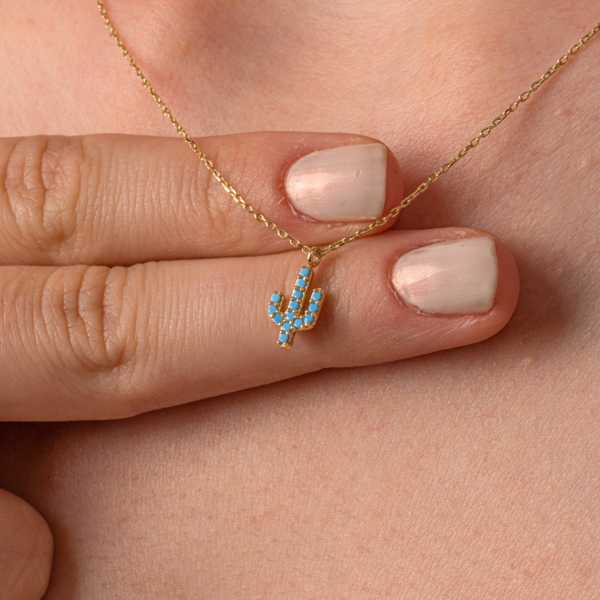 Altın Kolye - Firuze (Turkuaz) Taşlı Pırlanta Yuvalı Kaktüs Desenli 14 Ayar Altın Kolye - Image 1