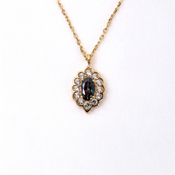 Altın Kolye - Oval Mistik Topaz Taşlı Yanları Zirkon Taşlı Modern Tasarım 14 Ayar Altın Kolye - Image 1