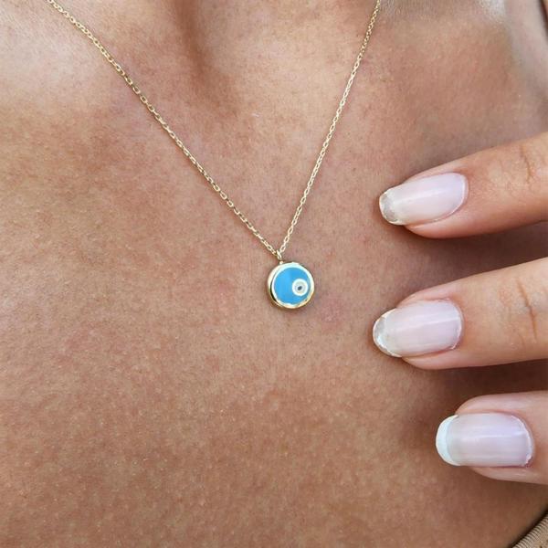 Altın Kolye - Ala Turkuaz (Firuze)Mineli Nazar Boncuğu Göz Tasarım Taşsız Modern 14 Ayar Altın Kolye - Image 1