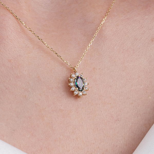 Altın Kolye - 0.95 CT Aleksandrıt 0.25 CT Swarovski Taşlı Anturajlı Vintage 14 Ayar Altın Kolye - Image 1