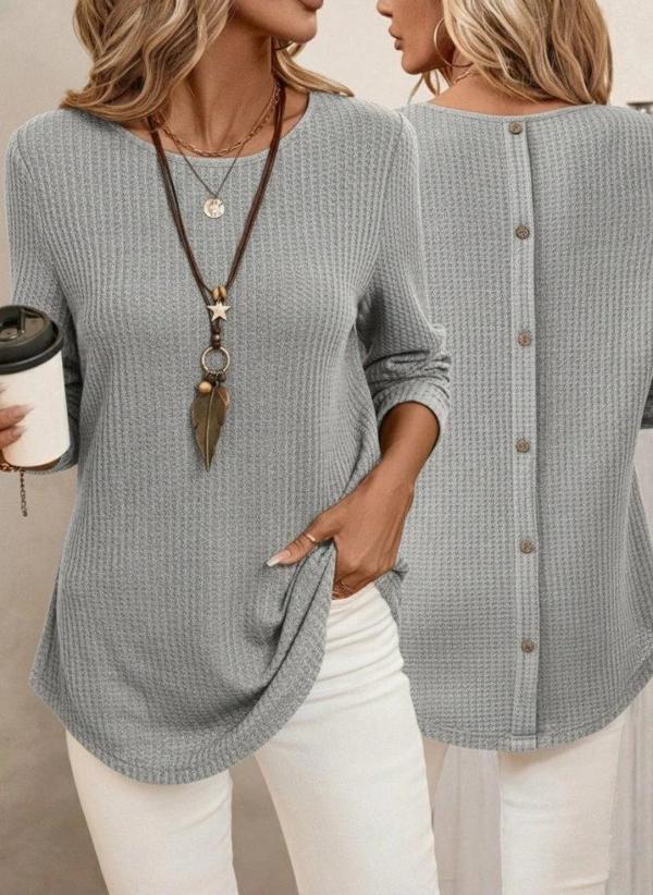 MDB Kadın Uzun Kollu Yuvarlak Yaka Arkadan Düğmeli Waffle Bluz - Image 1