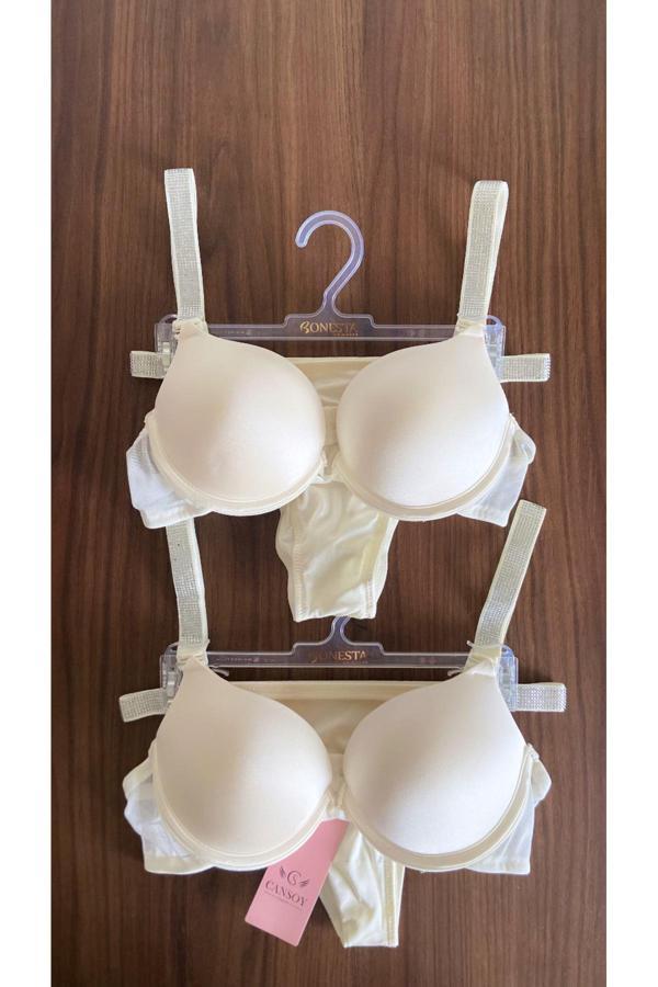 2 ADET 1 PAKET EKRU İÇİ DOLU TAŞLI SÜTYEN TAKIMI - Image 1