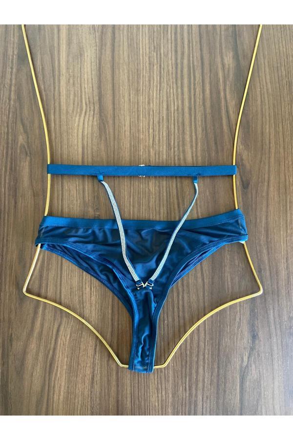 Petrol Yeşili Tül Yüksek Bel Taş Detaylı Tanga Külot - Image 1