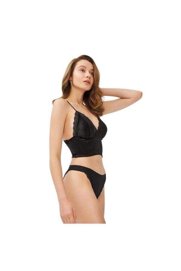 Siyah Kadife Dantel Detaylı Bralet Sütyen Külot Takımı - Image 1