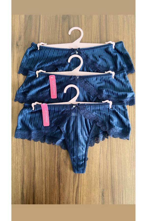3 Adet 1 Paket Lacivert Çizgi Dantelli Taş Detaylı Hipster Külot - Image 1
