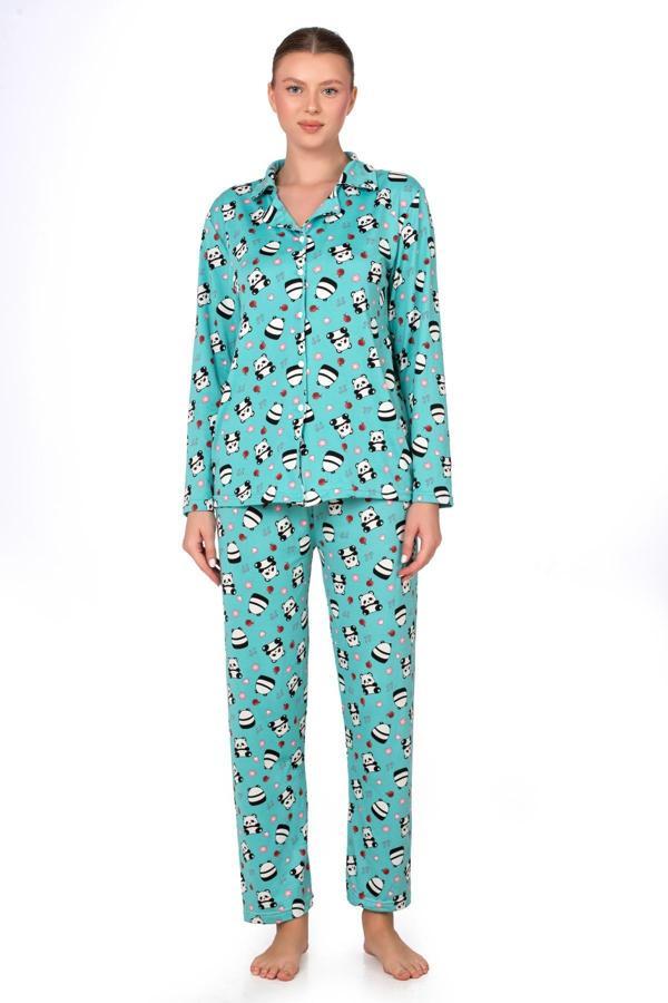 Lizbon Kumaş Turkuaz Panda Desenli Önden Düğmeli Kadın Pijama Takımı - Image 1