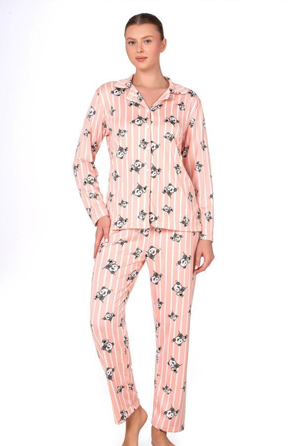 Lizbon Kumaş İçi Şardonlu Somon Panda Desenli Çizgili Önden Düğmeli Kadın Pijama Takımı - Image 1