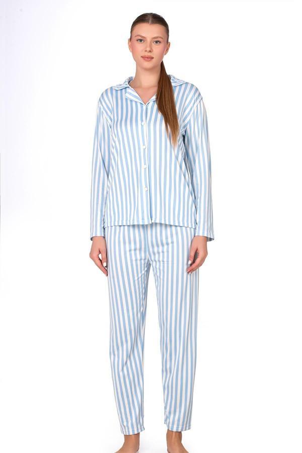 Mavi Çizgili Lizbon Kumaş İçi Şardonlu Önden Düğmeli Kadın Pijama Takımı - Image 1