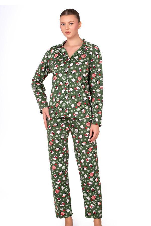 Lizbon Kumaş İçi Şardonlu Yeşil Kış Desenli Önden Düğmeli Kadın Pijama Takımı - Image 1