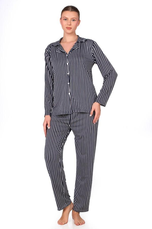 Lizbon Kumaş İçi Şardonlu Çizgili Önden Düğmeli Kadın Pijama Takımı - Image 1